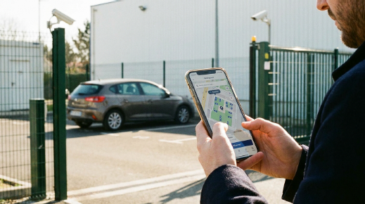 Client utilisant son téléphone près d’un parking Arvin Care à Rennes